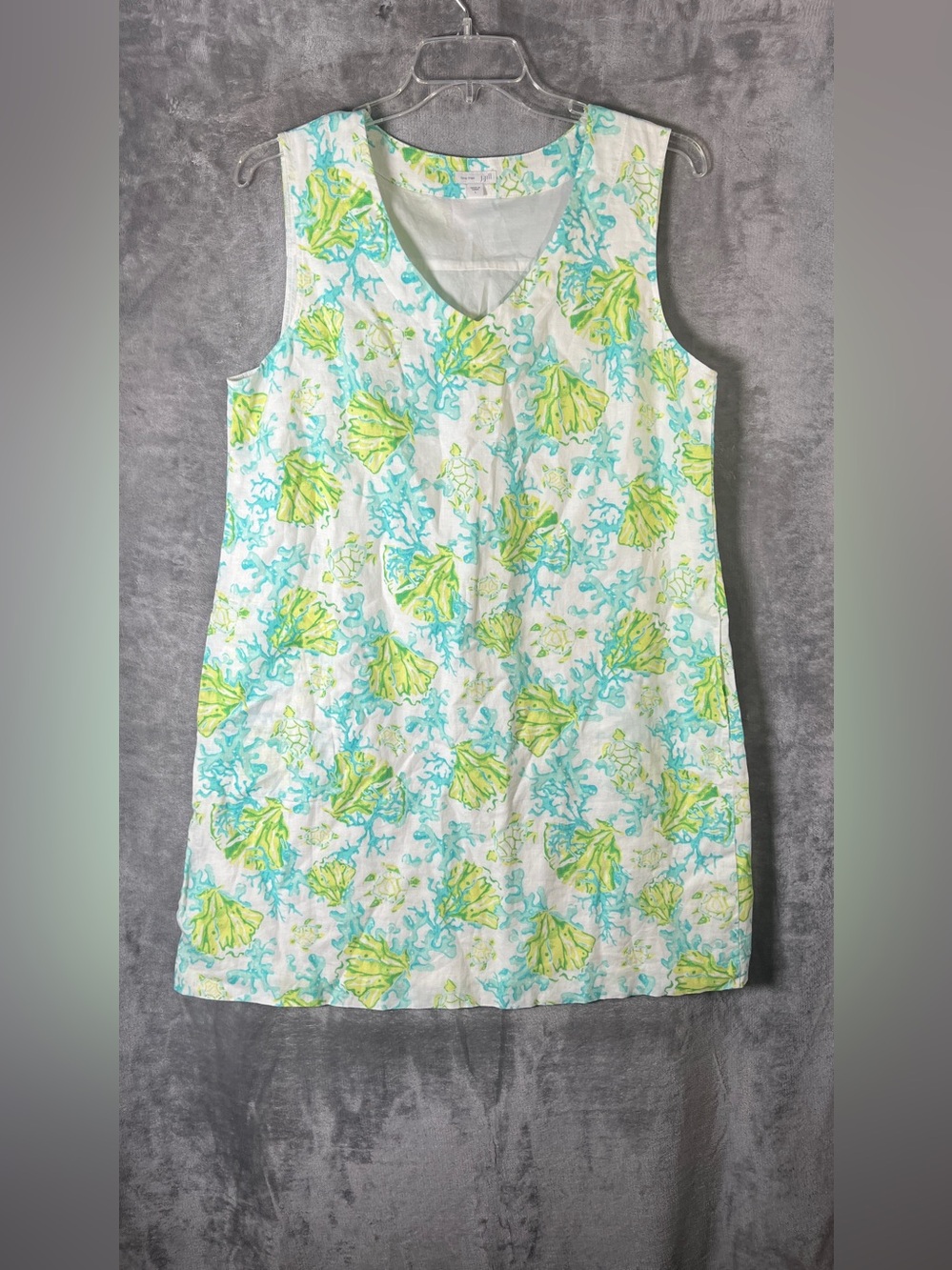 J. Jill Girls' Sleeveless V-Neck Sea Print Dress in White, Aqua & Lime